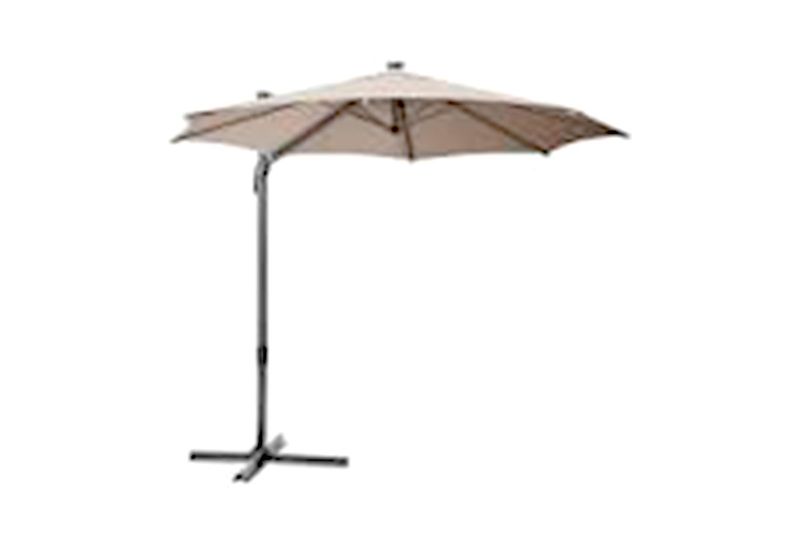 Sombrilla para terraza redonda Mónica azul oscuro 2.7 mts inclinable Koopman, vista lateral abierta con base en cruz