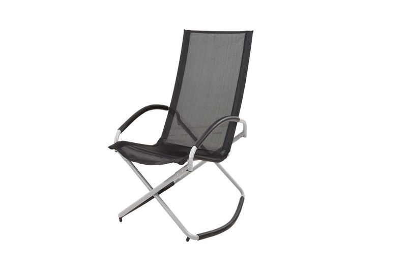 Silla mecedora blanca 70x90x98 cm negro Koopman, vista diagonal con tela negra y estructura de aluminio plateado