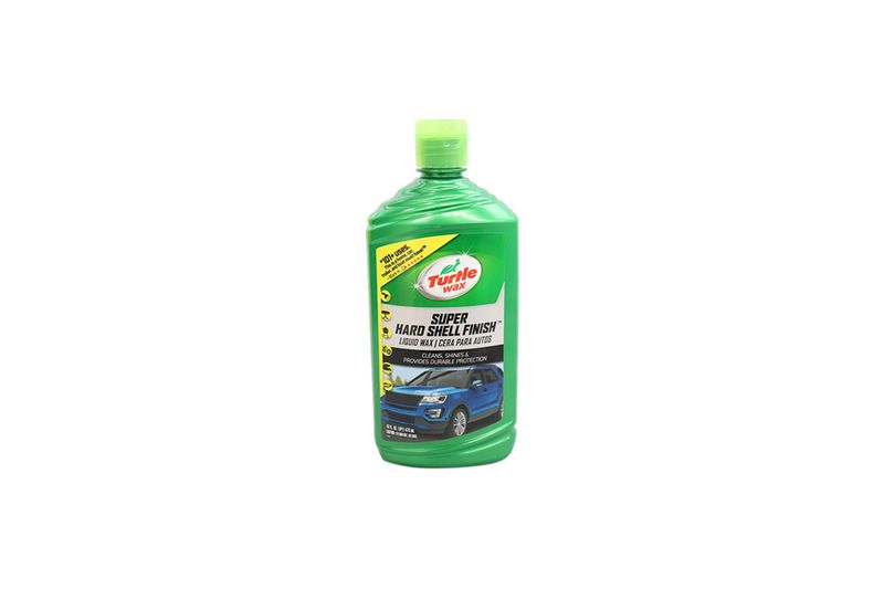 Cera líquida Super Hard 16 onzas Turtle Wax, envase plástico verde con etiqueta blanca e ilustración de auto azul