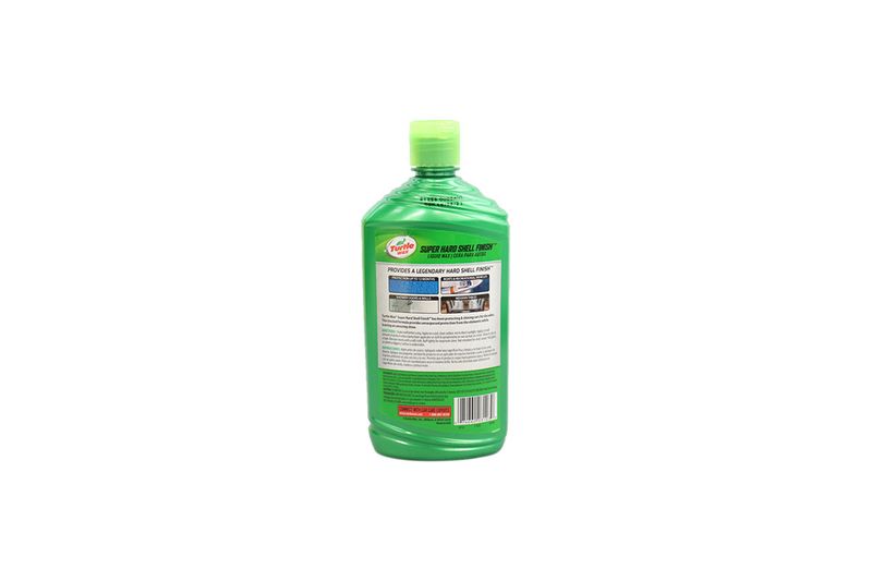 Cera líquida Super Hard 16 onzas Turtle Wax, vista posterior de la botella verde con instrucciones y código de barras