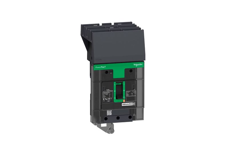 Interruptor marco B 2x50A 18kA Square D fase AB, vista frontal del equipo con palanca de accionamiento verde