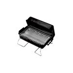 Barbacoa a carbón de mesa 10 pulgadas negro Char-Broil, vista diagonal abierta con parrilla metálica y patas delgadas