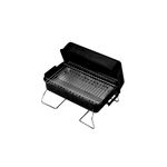 Barbacoa a carbón de mesa 10 pulgadas negro Char-Broil, vista abierta con parrilla metálica y patas plegables