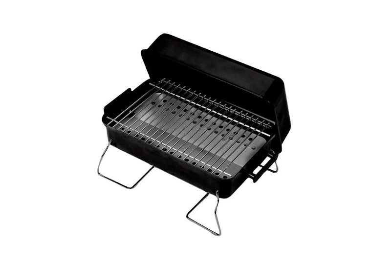 Barbacoa a carbón de mesa 10 pulgadas negro Char-Broil, vista abierta con parrilla metálica y patas plegables