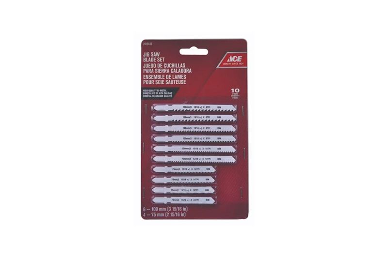 Juego hoja para sierra caladora Ace de 10 piezas, empaque blister rojo con las hojas organizadas verticalmente