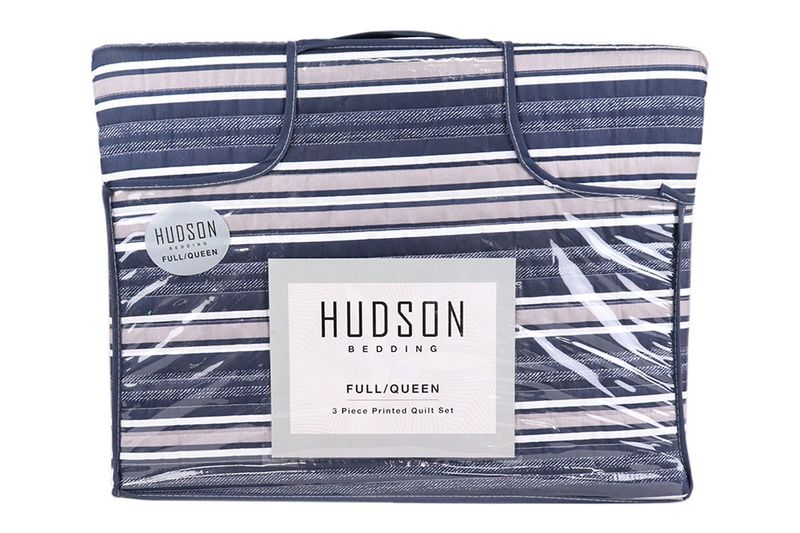 Juego de edredón queen 3 piezas estampado Lyery navy CHD Home, empacado en bolsa plástica con etiqueta de marca