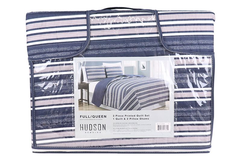 Juego de edredón Queen 3 piezas estampado Lyery navy CHD Home, empaque plástico con foto del producto instalado