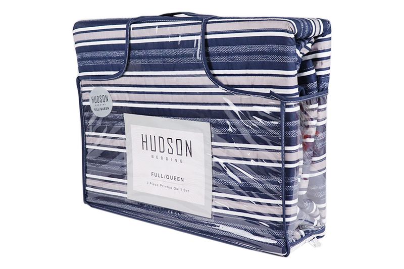 Juego de edredón Queen 3 piezas estampado Lyery navy CHD Home, empaque transparente con etiqueta blanca y azul