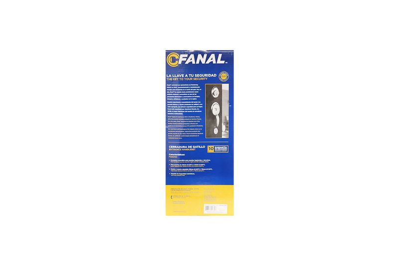 Cerradura pichel Versalles llave/llave níquel satinado Fanal, parte posterior del empaque con especificaciones técnicas
