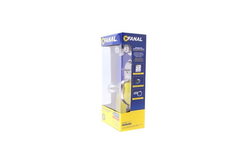 Cerradura pichel Versalles llave/llave níquel satinado Fanal, presentada en su empaque original azul y amarillo