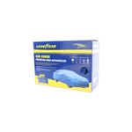 Cobertor para auto azul tamaño S Goodyear, caja de empaque con ilustración del producto instalado en un vehículo