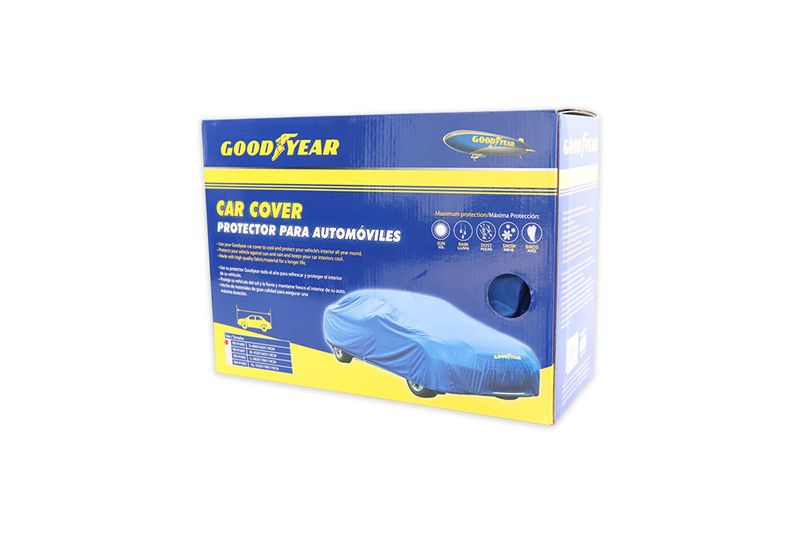 Cobertor para auto azul tamaño S Goodyear, caja de empaque con ilustración del producto instalado en un vehículo