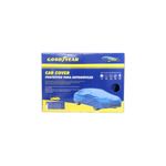 Cobertor para auto azul tamaño S Goodyear, caja de cartón azul y amarilla con ilustración del producto instalado