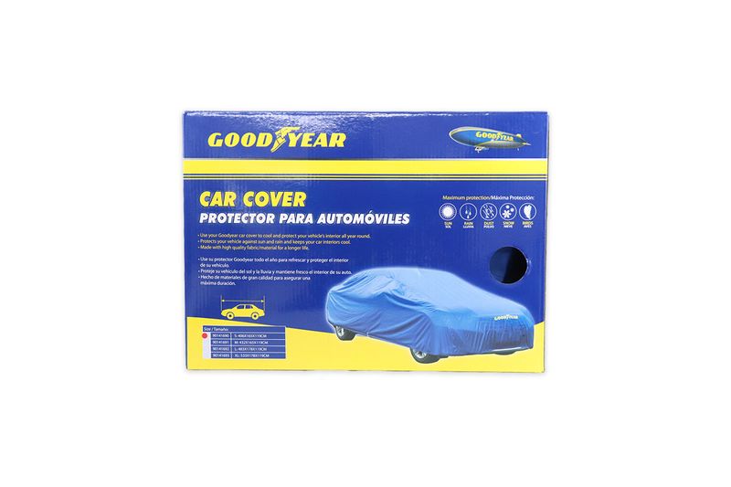 Cobertor para auto azul tamaño S Goodyear, caja de cartón azul y amarilla con ilustración del producto instalado
