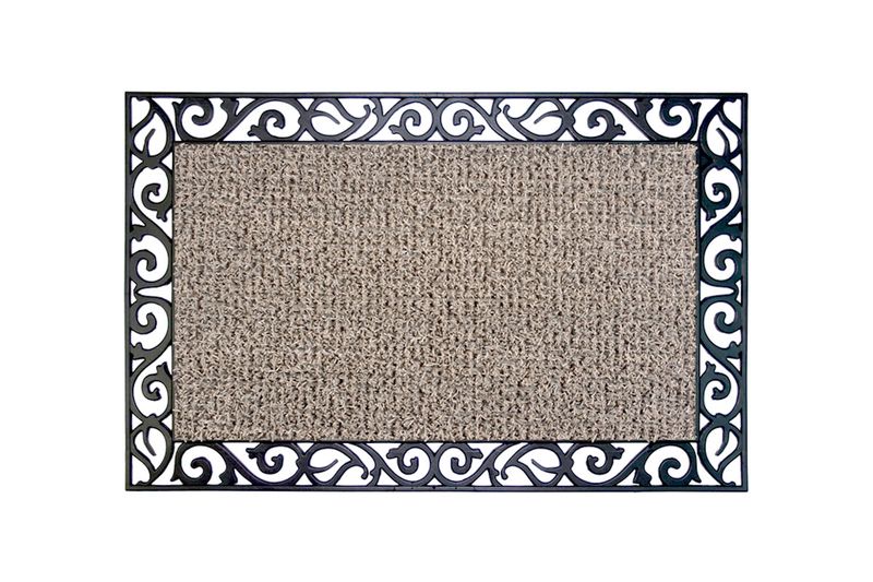 Alfombra entrada con borde marrón topo 18 x 30 pulgadas GrassWorx, vista superior con marco decorativo de filigrana negra