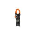 Multímetro digital con gancho Klein Tools CAT III, vista frontal del equipo en color negro y naranja con pantalla digital