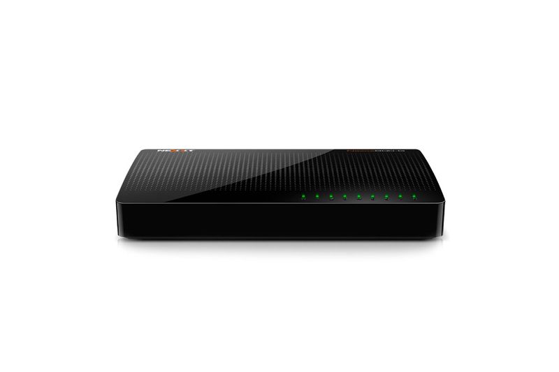 Switch de 8 puertos para Ethernet Gigabit Nexxt, equipo de color negro visto desde un ángulo frontal superior