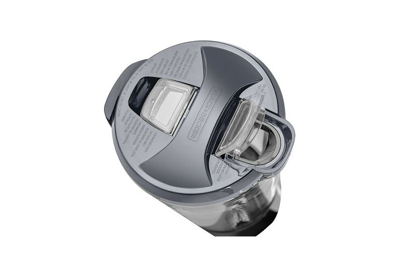 Licuadora 10 velocidades 1.25 lt negra Black+Decker, vista superior de la tapa negra con asa y sello de seguridad