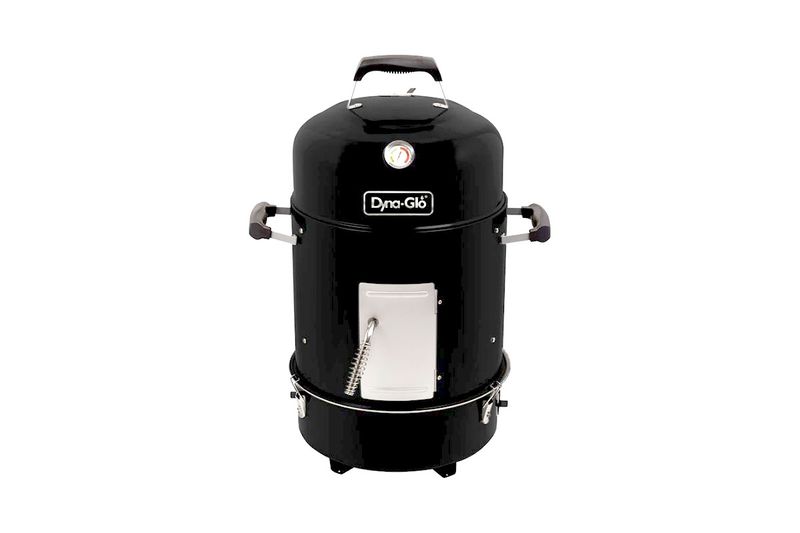 Ahumador/parrilla de carbón tipo bala compacto 376 pulgadas negro Dyna-Glo, vista frontal del equipo con asas laterales