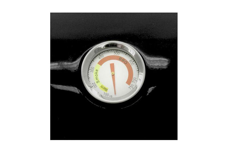 Ahumador/parrilla de carbón tipo bala compacto 376 pulgadas negro Dyna-Glo, detalle del termómetro circular integrado