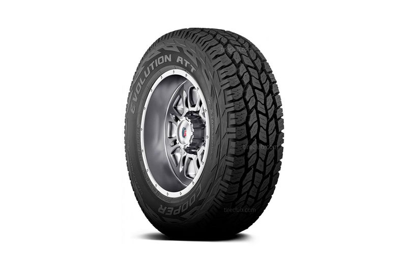 Llanta 225/65R17 102H Evo ATT Cooper, vista frontal montada en rin plateado con dibujo de banda de rodadura profundo