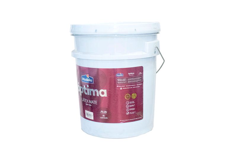 Pintura látex Optima Látex mate blanco antiguo cubeta Modelo, vista frontal del envase con etiqueta color vino
