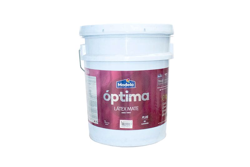 Pintura látex óptima látex mate blanco antiguo cubeta Modelo, vista frontal del envase plástico con etiqueta color púrpura