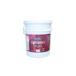 Pintura látex optima látex mate blanco antiguo cubeta Modelo, vista frontal del envase plástico con etiqueta color púrpura