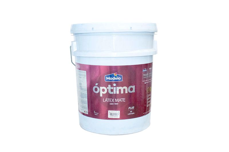 Pintura látex optima látex mate blanco antiguo cubeta Modelo, vista frontal del envase plástico con etiqueta color púrpura