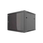 Gabinete de pared puerta de vidrio 18 UR 19 ancho 18 profundidad 1 fan Nexxt, vista diagonal en color gris oscuro