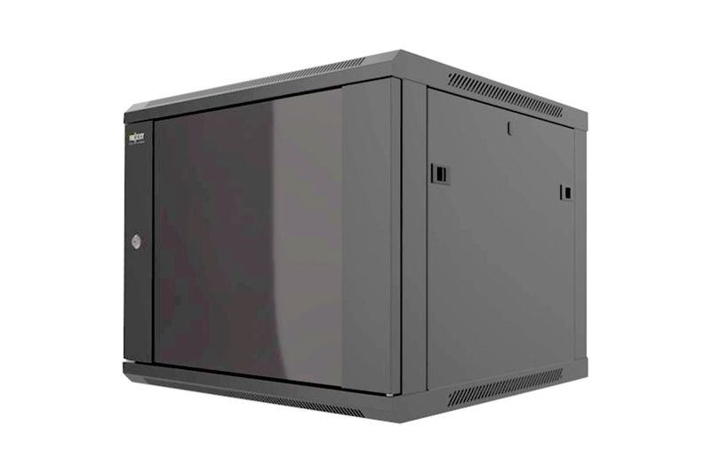 Gabinete de pared puerta de vidrio 18 UR 19 ancho 18 profundidad 1 fan Nexxt, vista diagonal en color gris oscuro