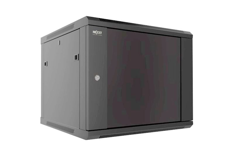 Gabinete de pared puerta de vidrio 18 UR 19 ancho 18 profundidad 1 fan Nexxt, vista frontal en ángulo con puerta oscura