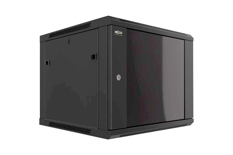 Gabinete de pared puerta de vidrio 18 UR 19 ancho 18 profundidad 1 fan Nexxt, vista en perspectiva desde el lateral izquierdo