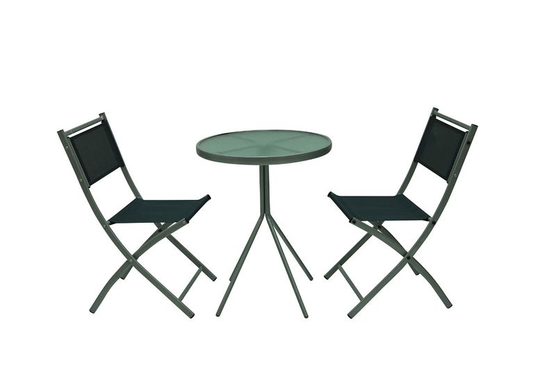 Set de mueble plegable 3 piezas gris Bistró, mesa redonda y dos sillas plegables vistas de frente