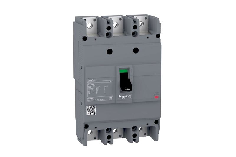 Main breaker 3x200A 600V Square D, vista frontal del dispositivo eléctrico en color gris con palanca de accionamiento