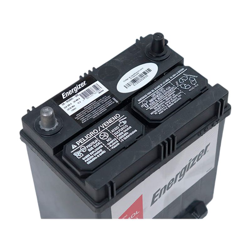 Batería Energizer EN-NS40ZL -320, CCA 320 AMP, primer plano superior de la tapa con advertencias de seguridad