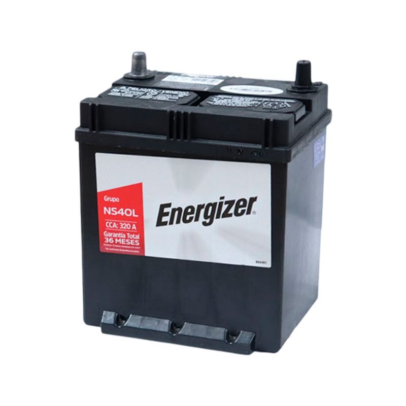 Batería Energizer EN-NS40ZL 320 CCA 320 amp, vista frontal en ángulo que muestra la etiqueta blanca y roja