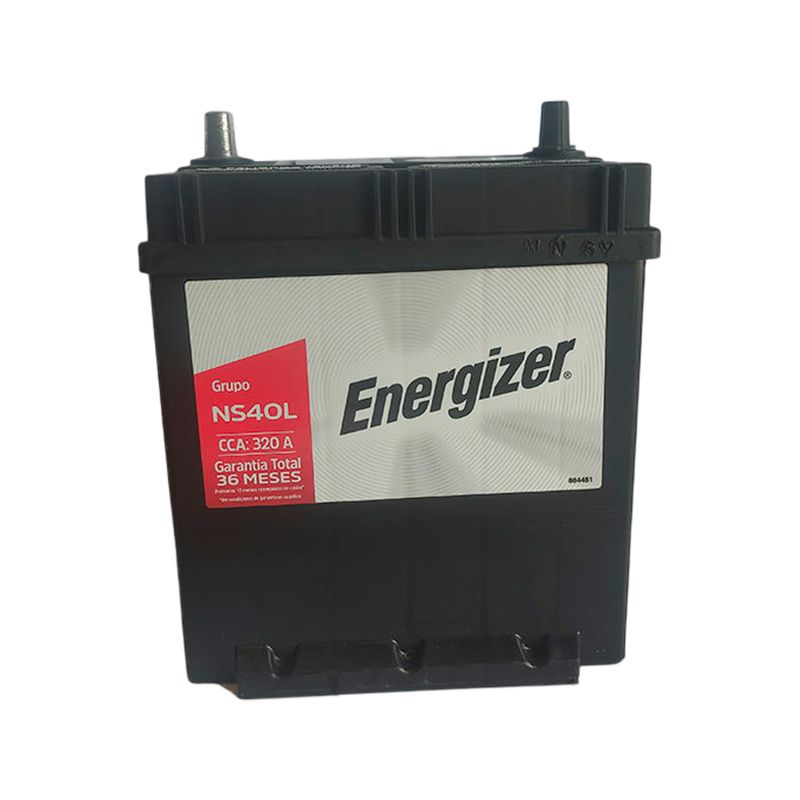 Batería Energizer EN-NS40ZL de 320 CCA amp, vista frontal del equipo en color negro con etiqueta plateada y roja