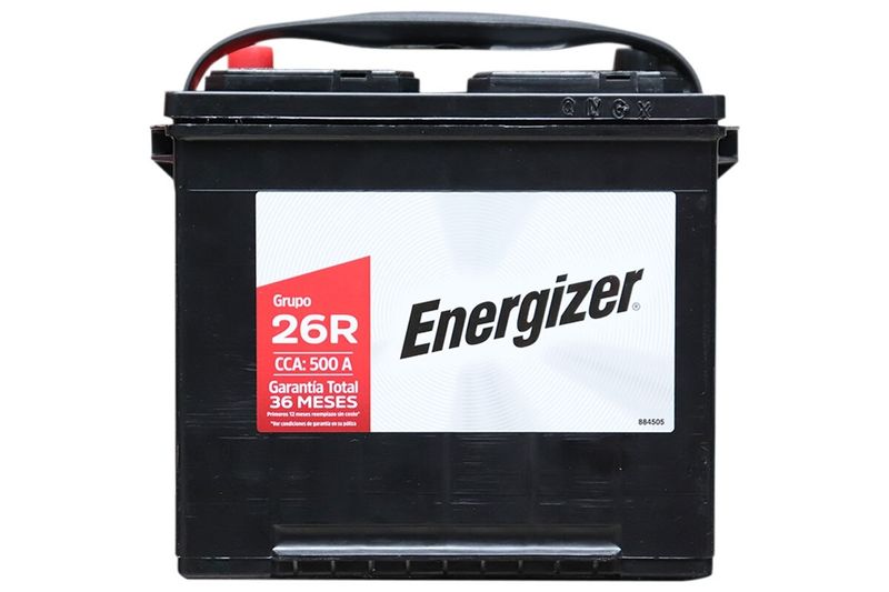 Batería Energizer EN-26R-500, CCA 500 amp, vista frontal del equipo en color negro con etiqueta blanca y roja