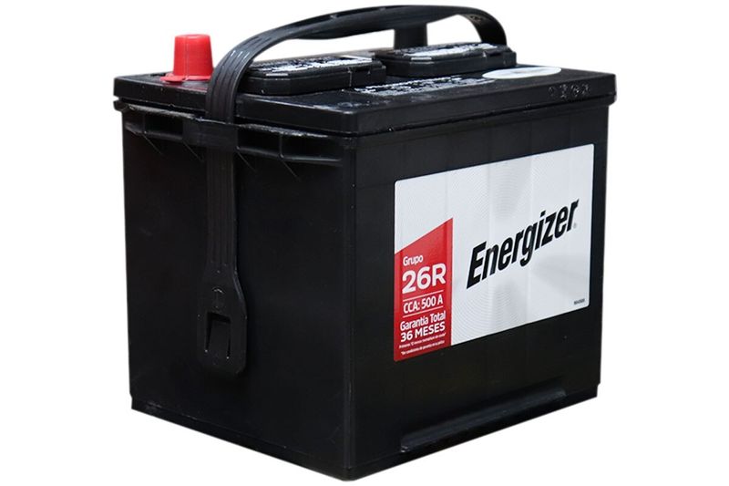 Batería Energizer EN-26R-500, CCA 500 amp, vista frontal con etiqueta blanca y roja y asa de transporte negra