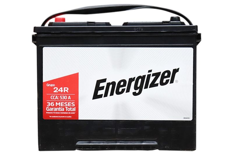 Batería Energizer EN-24R-530, CCA 530 amp, vista frontal de la unidad en color negro con etiqueta blanca y roja