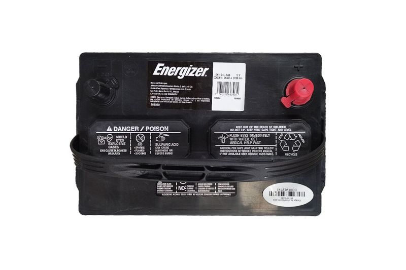 Batería Energizer EN-24-530, CCA 530 amp, vista posterior con advertencias de seguridad y etiquetas informativas