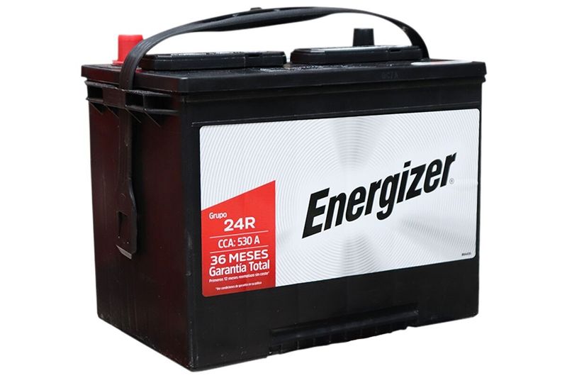 Batería Energizer EN-24R-530 CCA 530 amp, vista lateral con etiqueta blanca y roja detallando la garantía de 36 meses
