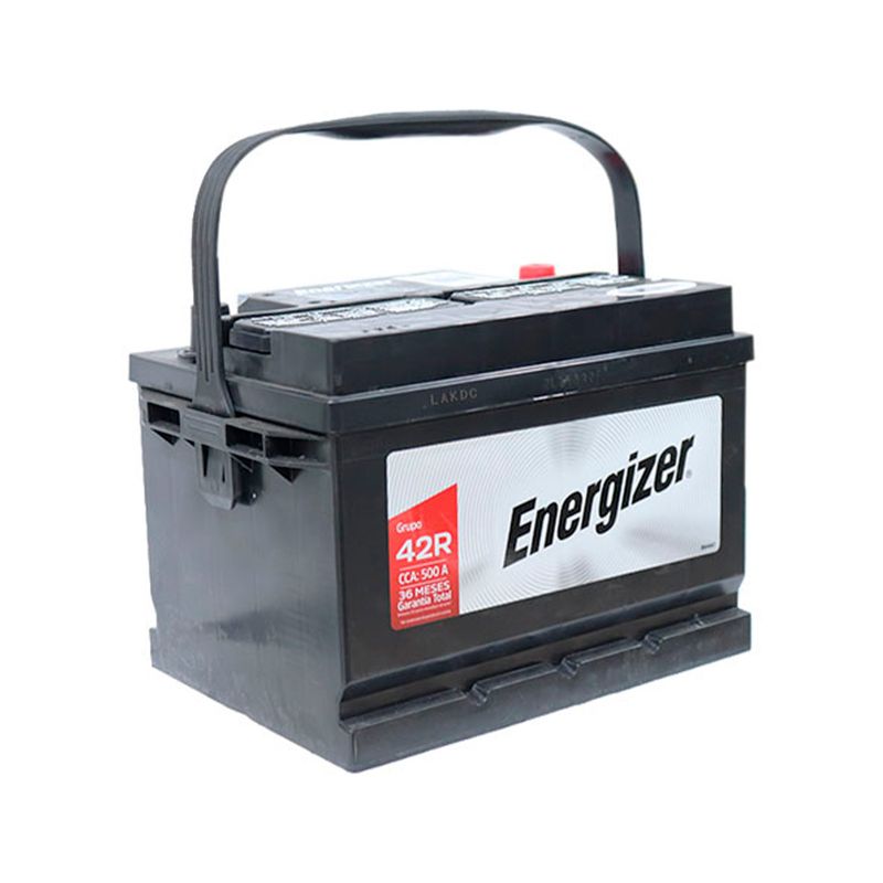 Batería Energizer EN-42R-500, CCA 500 amp, vista frontal en ángulo que muestra el asa negra y la etiqueta del modelo