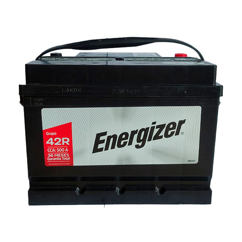 Batería Energizer EN-42R-500, CCA 500 amp, vista frontal del equipo en color negro con asa de transporte