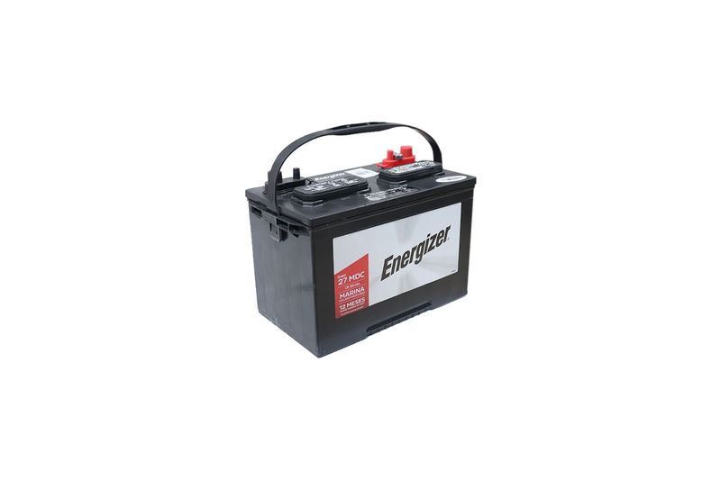 Batería Energizer EN-27MDC-160 de ciclo profundo, vista lateral en ángulo con terminales rojos y asa negra