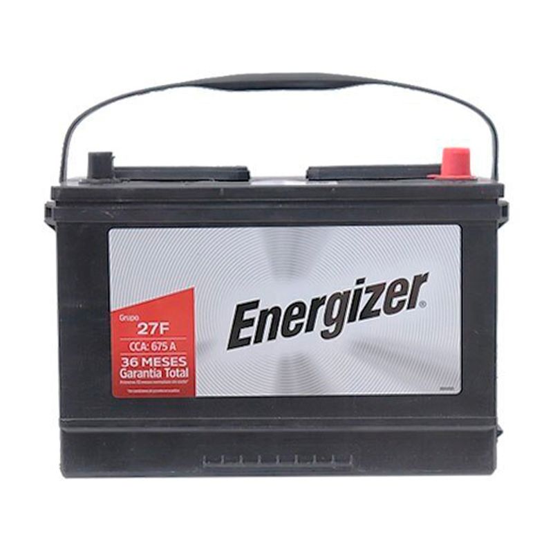 Batería Energizer EN-27F-675, CCA 675 amp, vista frontal de la batería negra con asa y borne positivo rojo