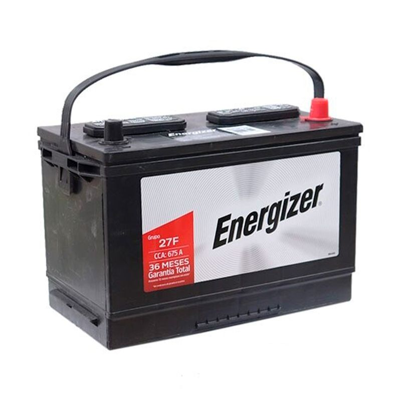 Batería Energizer EN-27F-675, CCA 675 amp, vista frontal en ángulo donde se aprecia la etiqueta y el asa de transporte