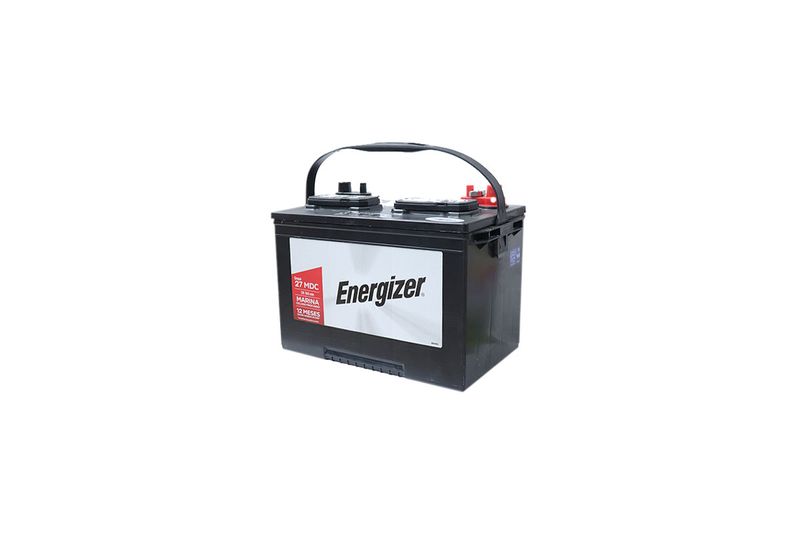 Batería Energizer EN-27MDC-160 de ciclo profundo, vista en perspectiva desde el frente con asa de transporte negra