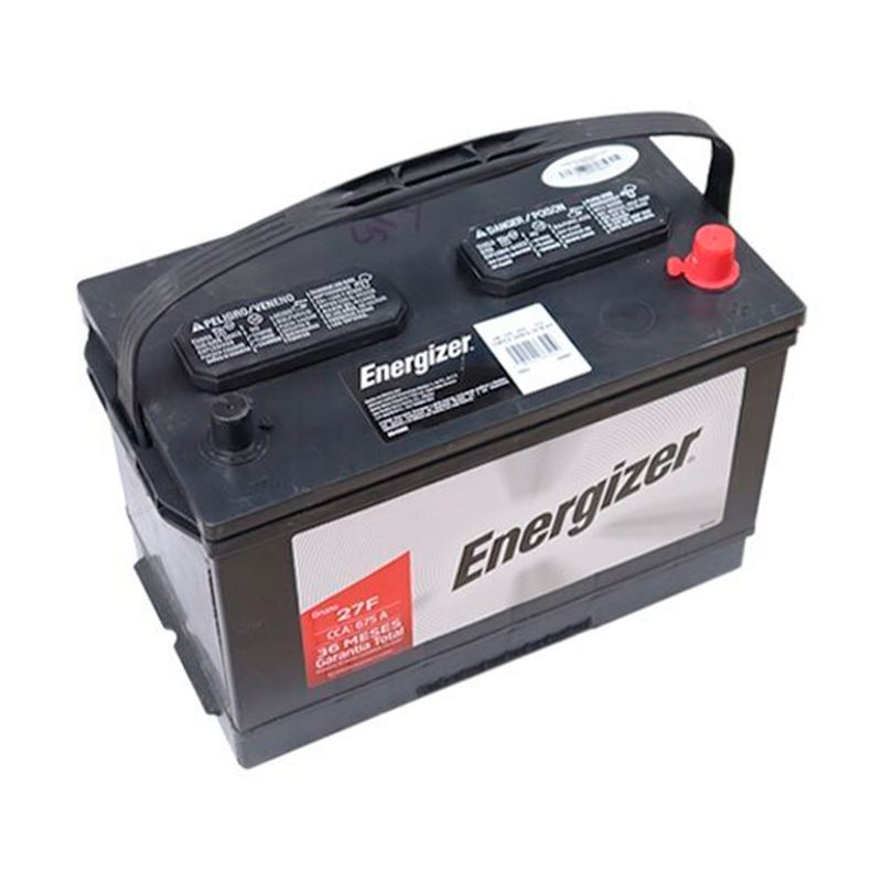 Batería Energizer EN-27F-675, CCA 675 amp, vista en ángulo desde arriba resaltando el borne positivo rojo y asa negra
